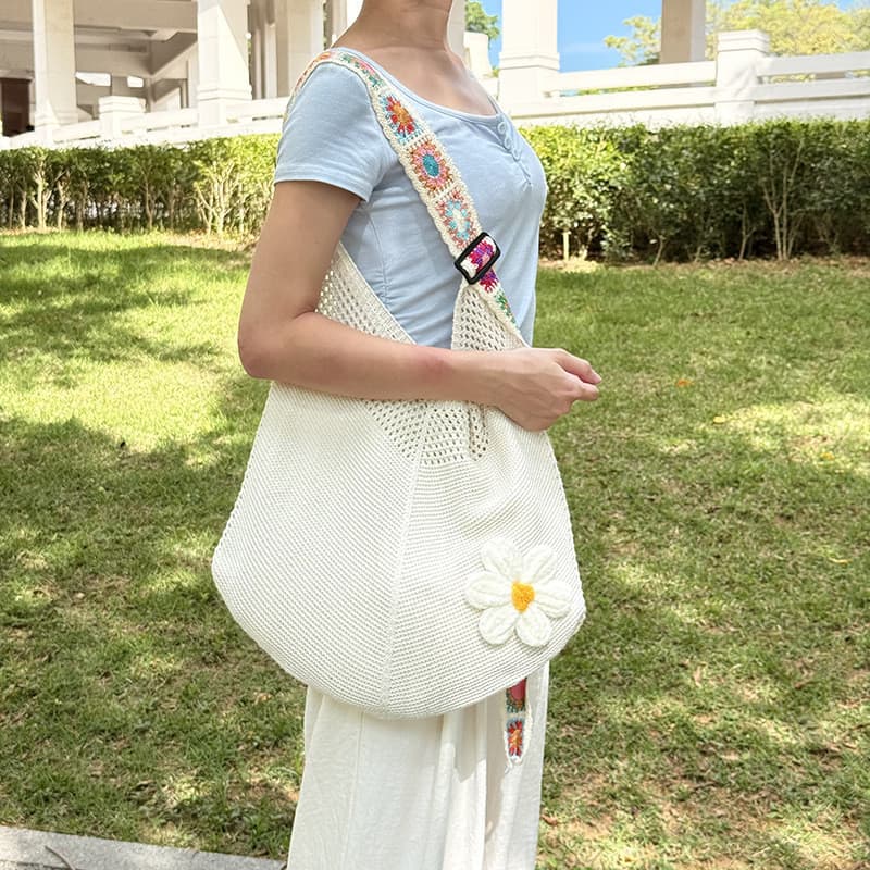 [Estoque pronto] Bolsa de tecido feminina bolsa de ombro bolsa mensageiro bolsa de malha flor oca bolsa de praia boêmia