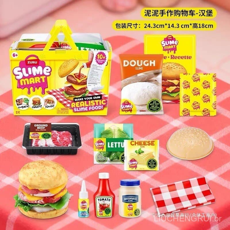 Cesta de compras artesanal de barro, Slime antiestresse, Pizza, hambúrguer, donut, conjunto de carrinho DIY 07ZQ
