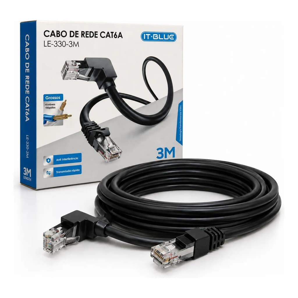 Cabo de Rede CAT6A 3 Metros RJ45 90 Graus Em L Gigabit 1000Mbps para Smart TV PC Roteador