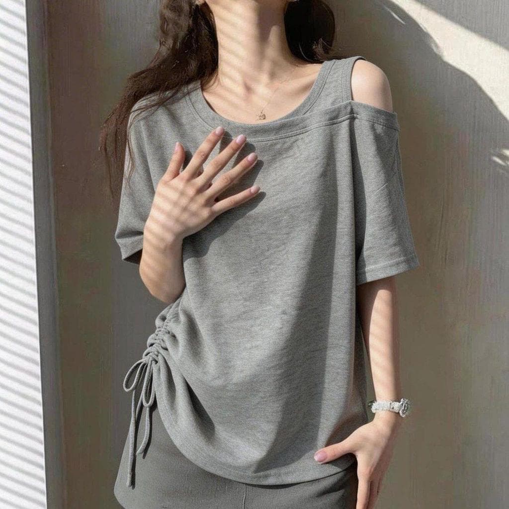[Promoção por tempo limitado] Camiseta de manga curta sem alças com cordão Irregular, temperamento de verão, aparência m