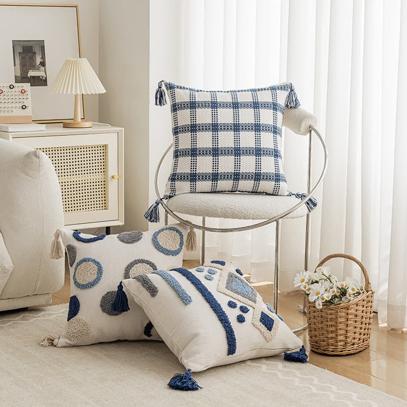 Almofada decorativa com franjas, listras e bolinhas em tons de azul, estilo Ins, para sala de estar, sofá, cama, multius