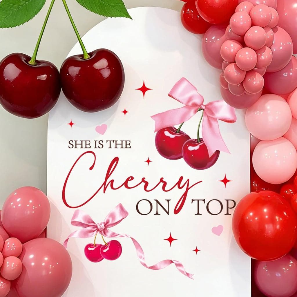 Decorações Shes Cherry on The Top - Adesivo para Chá de Bebê com Tema de Cerejas, Adesivo de Parede com Laço Doce para D