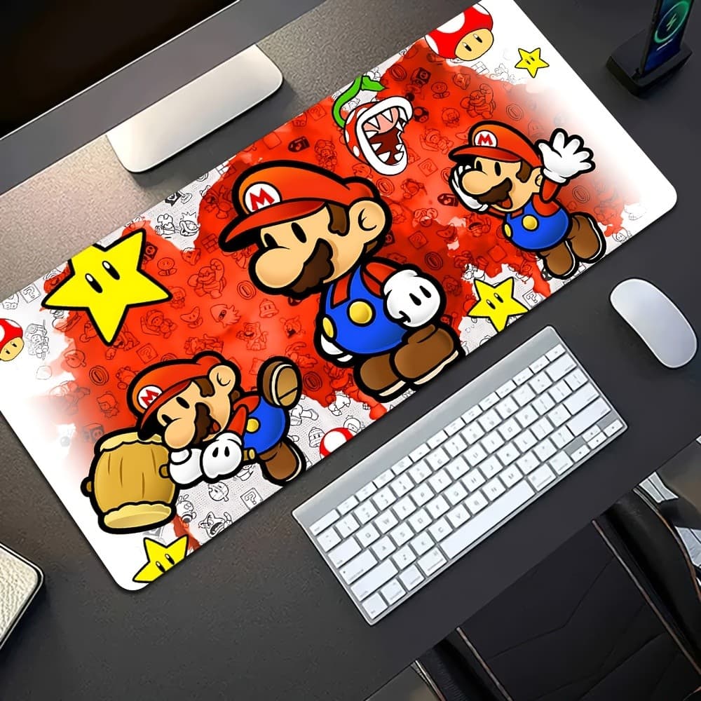 Super Mario Mouse Pad Gamer Vermelho com Estrelas, Cogumelos e Personagens para Teclado e Mouse