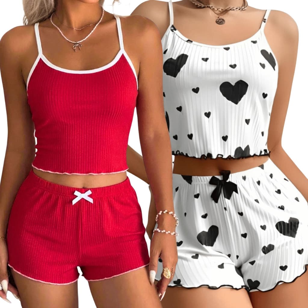 Kit Pijama Feminino 2 Baby Dolls Canelados Liso e Estampado