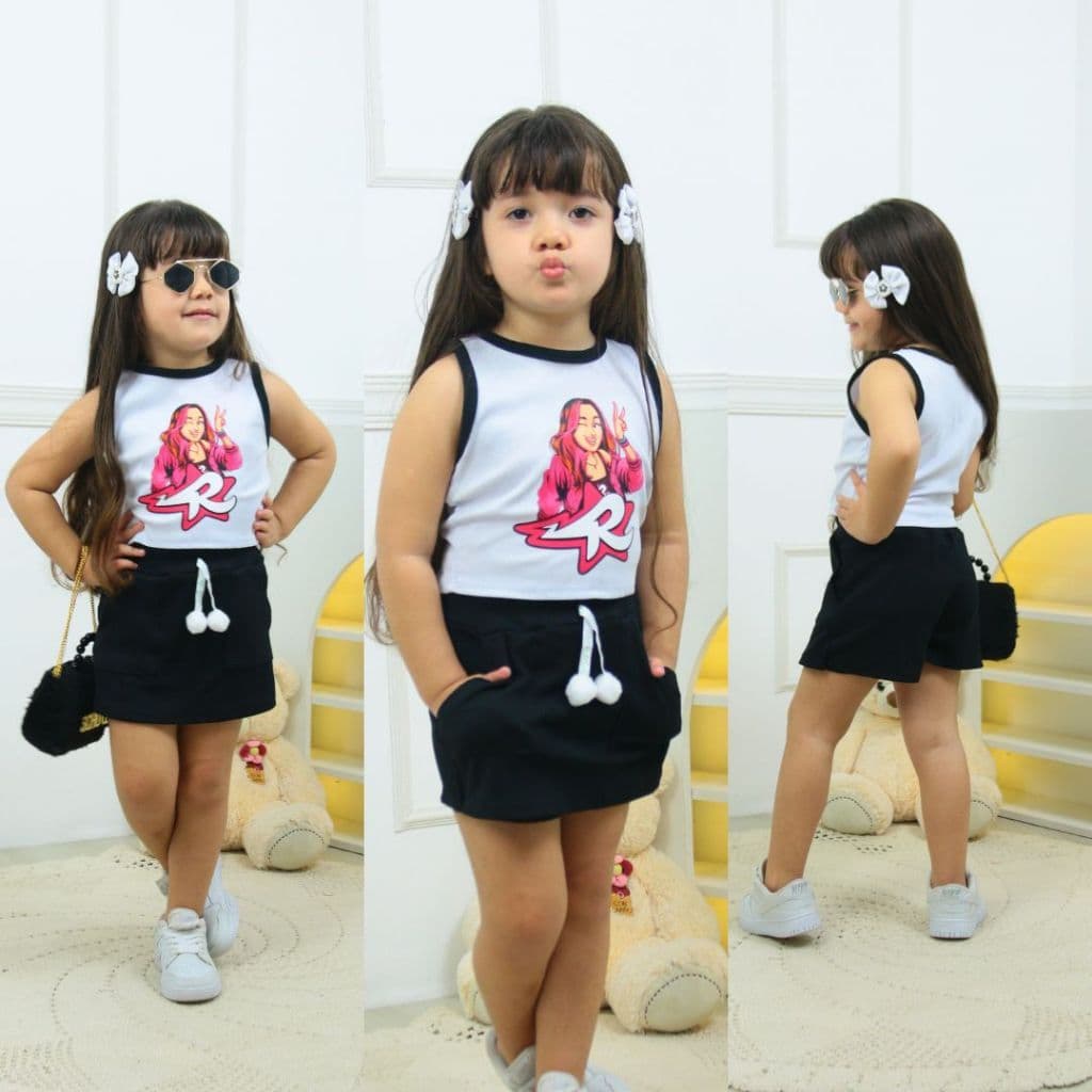 Conjunto Infantil Feminino Short Saia Anarruga Regata Ribana Estampa Emily Vick Roupa Menina Verão Tamanhos 2 ao 16