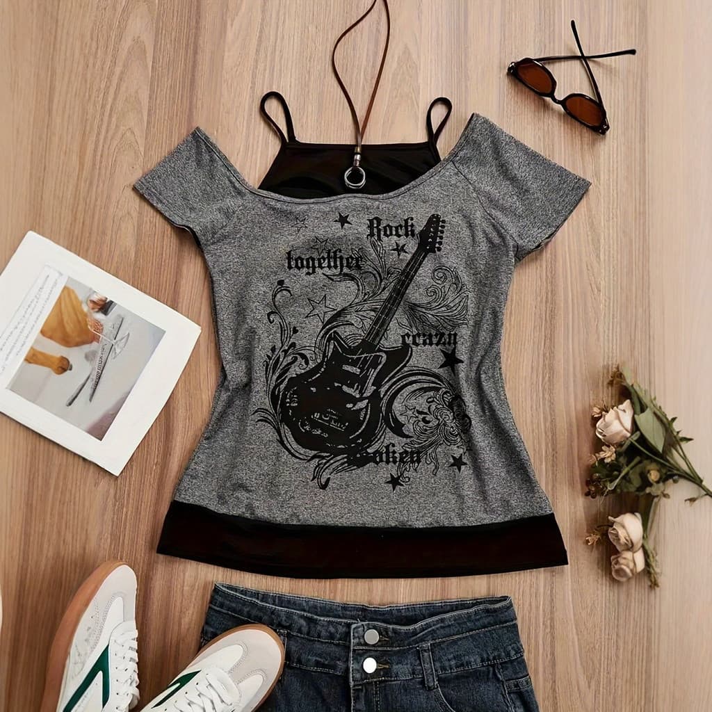 Novo Strapless impresso falso de duas peças magro de manga curta camiseta feminina