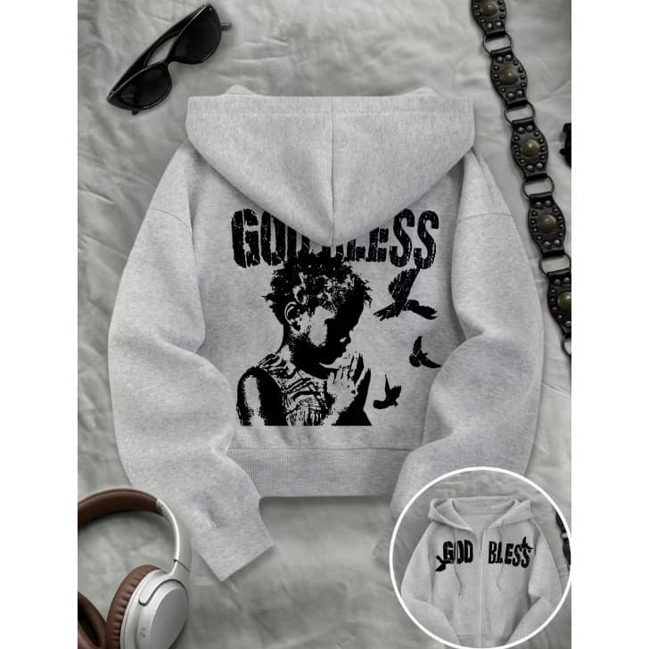 Moletom Zíper Unissex God Bless Estampado Streetwear Canguru Flanelado Casaco com Capuz Premium