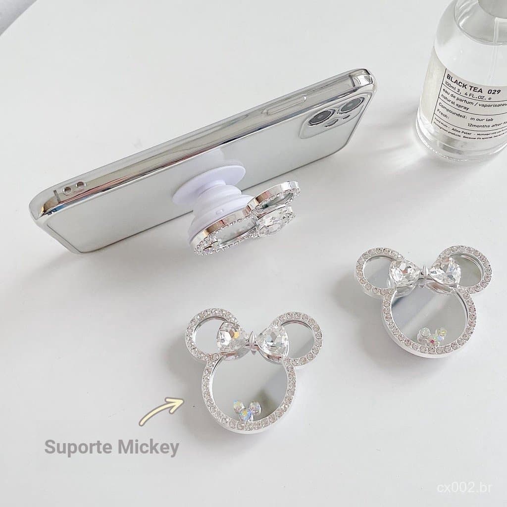 Suporte De Celular Luxo Diamante Com Glitter Espelhado E Micky
