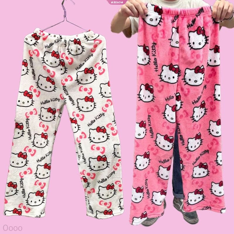 Calças de Pijama Hello Kitty Kawaii Kt Cat para Mulheres, Calças Quentes e Casuais de Outono Inverno, Macias de Veludo C