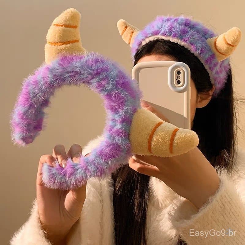 Tiara de Pelúcia Monstro Roxo Fofo para Mulheres, para Lavar o Rosto, Máscara Facial e Maquiagem