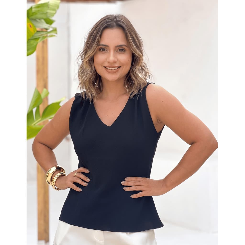 Blusa Regata Feminina Crepe Duna Casual Decote V confortável e fresquinha