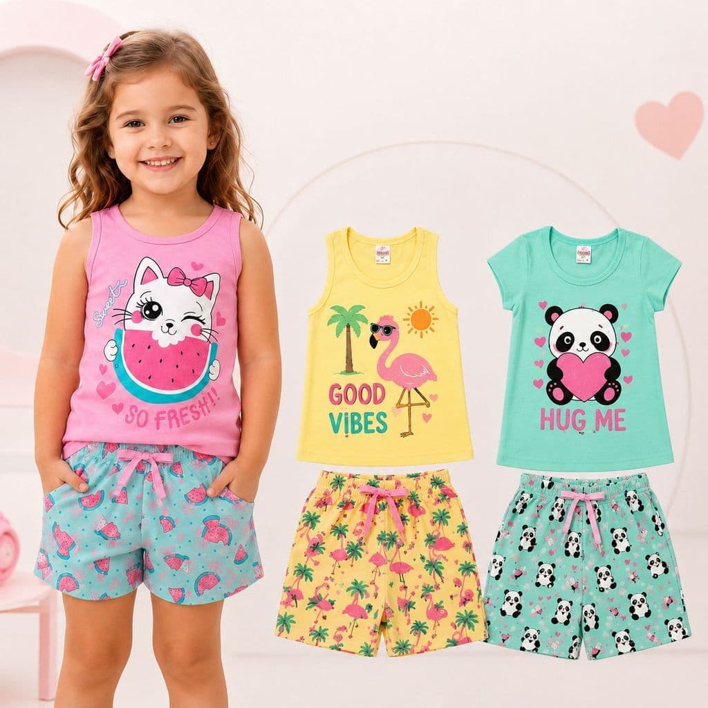 Kit 2 Conjunto Infantil Menina Verão Blusa e Short Algodão Estampas Sortidas 1 ao 14