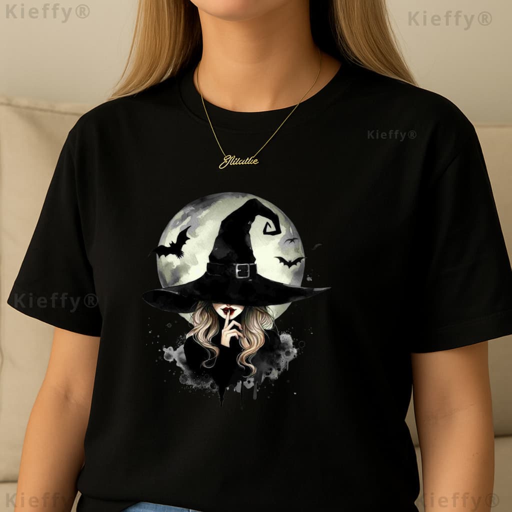 Camiseta Feminina Estampa Bruxa Halloween 100% Algodão Camisa Preta Casual Estilo Gótico
