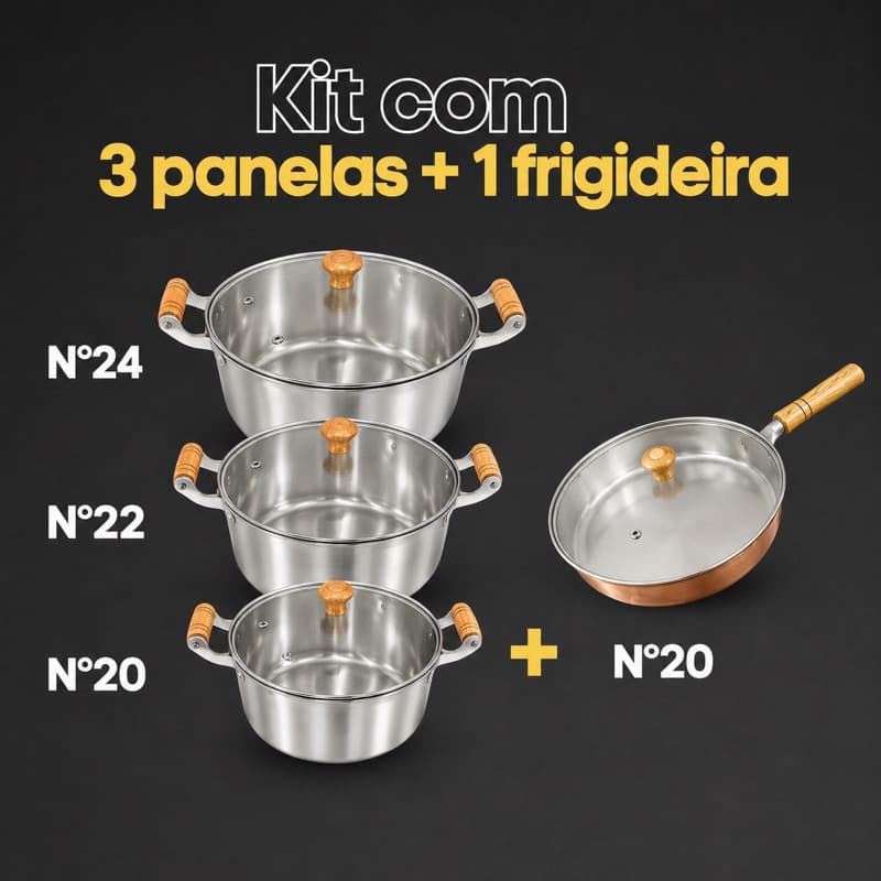 Conjunto de panelas 20 22 24 + frigideira em alumínio batido com tampa de vidro