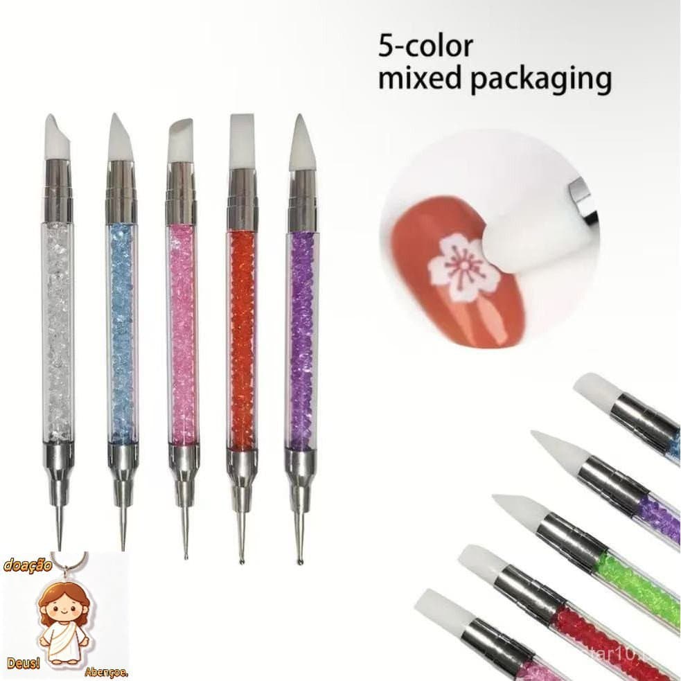 Kit 5 Pincéis Silicone e Boleadores 2 em 1 Ponta Dupla Para Decoração de Unhas 3D Nail Art Profissional com Strass