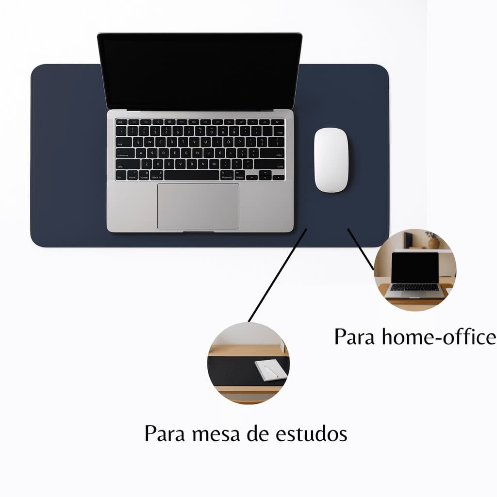Desk Pad Grande Couro Azul Feltro Costurado Básico