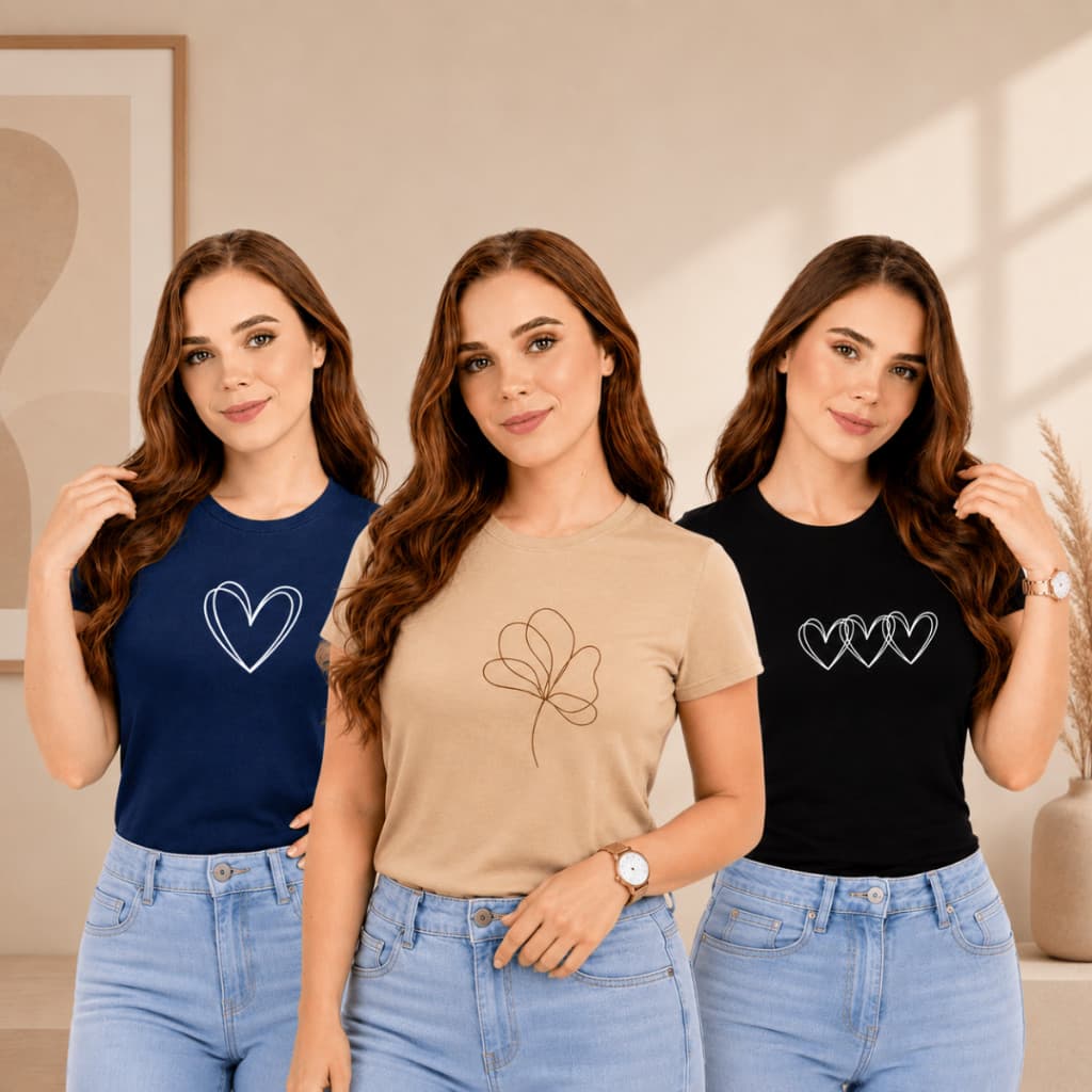 Kit 3 Camisetas T-shits Feminina Estampadas Baby Look Blusinha 100% Algodão Premium