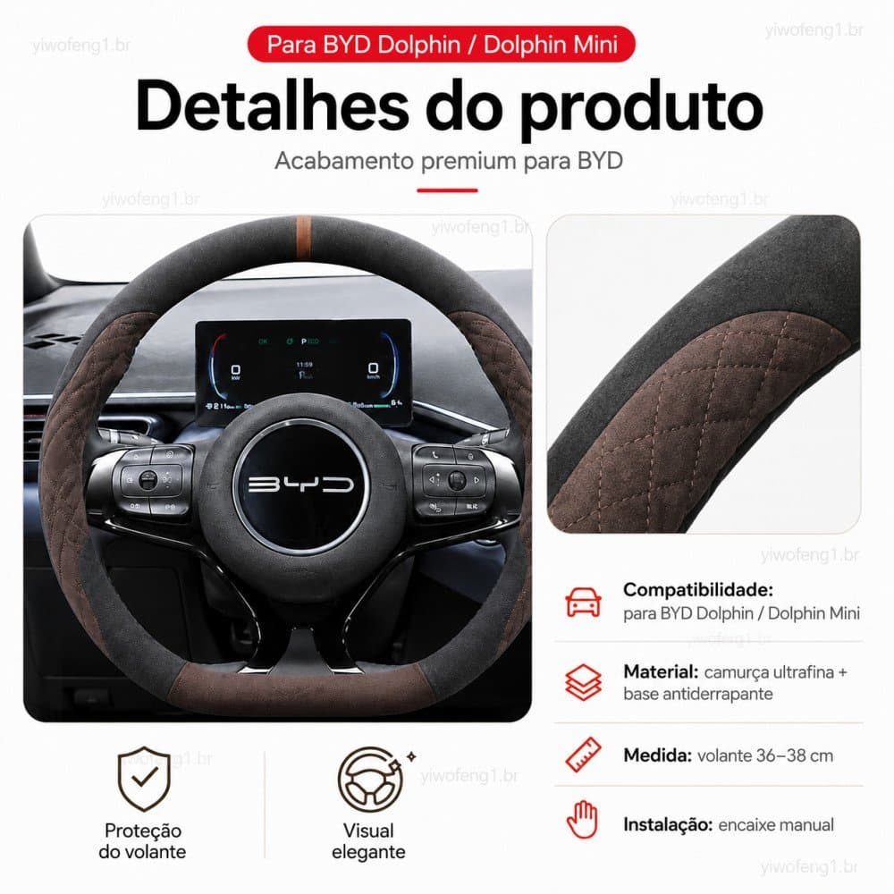 Capa de Volante BYD Dolphin / Dolphin Mini Camurça Ultracita Antiderrapante Confortável Acessório Interno Carro Peças365