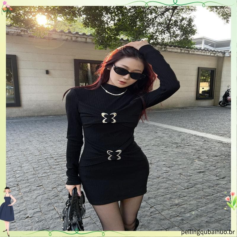 Vestido de manga comprida de malha preta feminino outono inverno quente menina Slim-fit Slimm