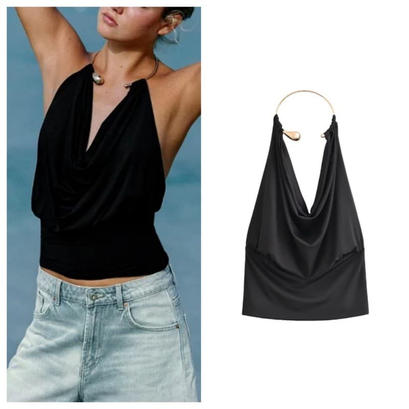 Design de decote plissado com gola de Metal Top decorativo com gola halter 1026802