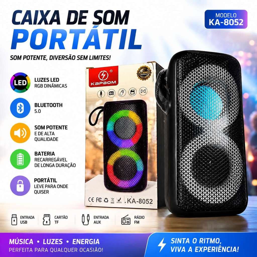 Caixa de Som Portátil KA-8052 Bluetooth 5.0 com LED RGB, Som Potente e Bateria Recarregável