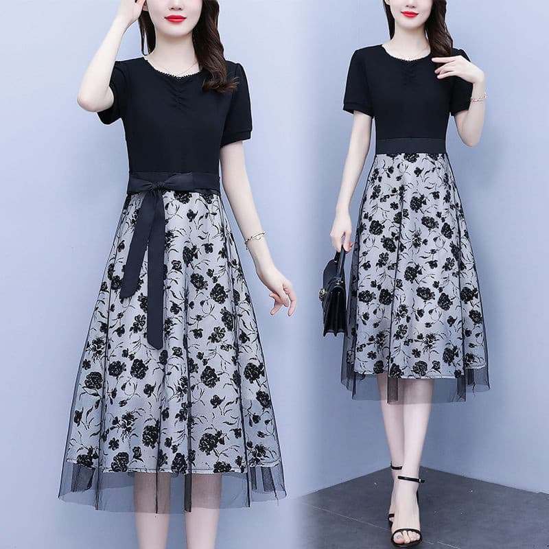 Manga curta costura falso vestido de malha de duas peças feminino verão 2025 novo estilo elegante cintura estreita atada