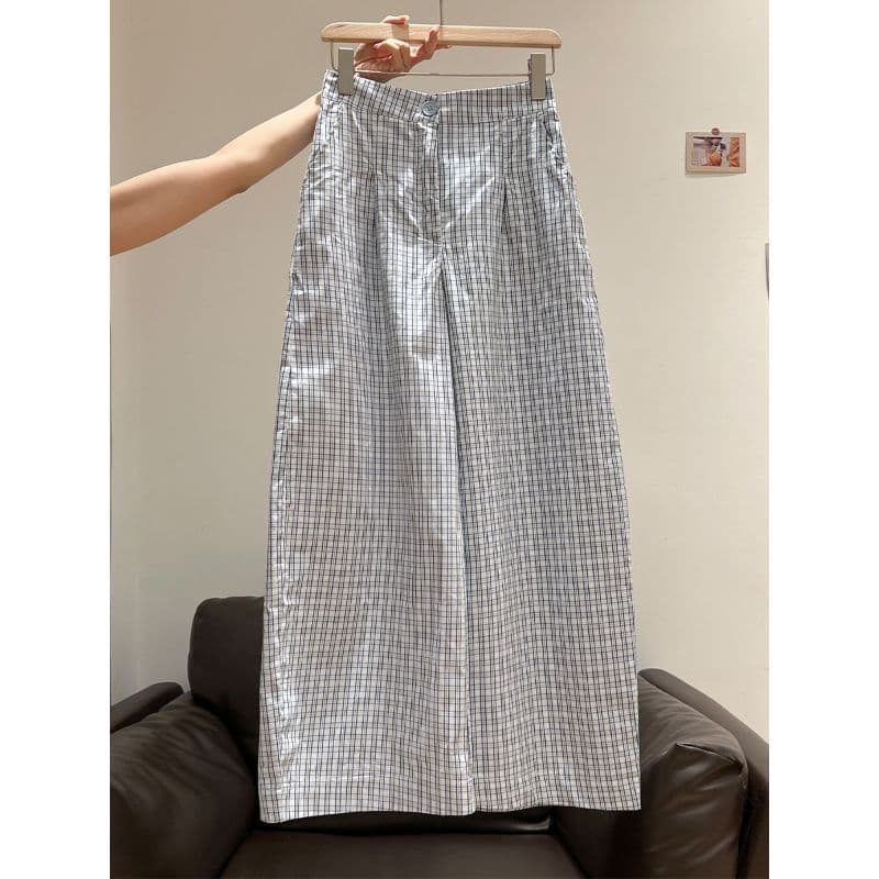 [Promoção por tempo limitado] Super Nice Azul Drapey Check Casual Perna Larga, Verão Novo Estilo Calças Esportivas Respi