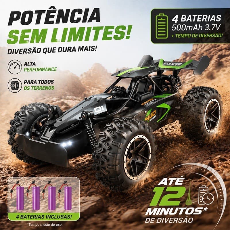 Carro Controle Remoto Infantil 1:18 15km/h Alta Velocidade Off Road 2.4GHz Carrinho RC Elétrico Brinquedo
