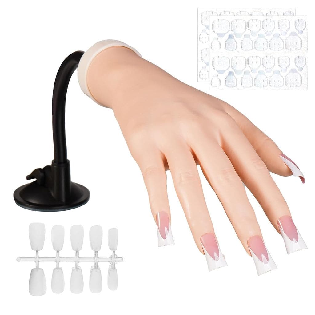 Mão de Silicone para Prática de Unhas de Acrílico, Mão Falsa Realista com Suporte, 40 Pontas de Unha e 48 Adesivos, Mode