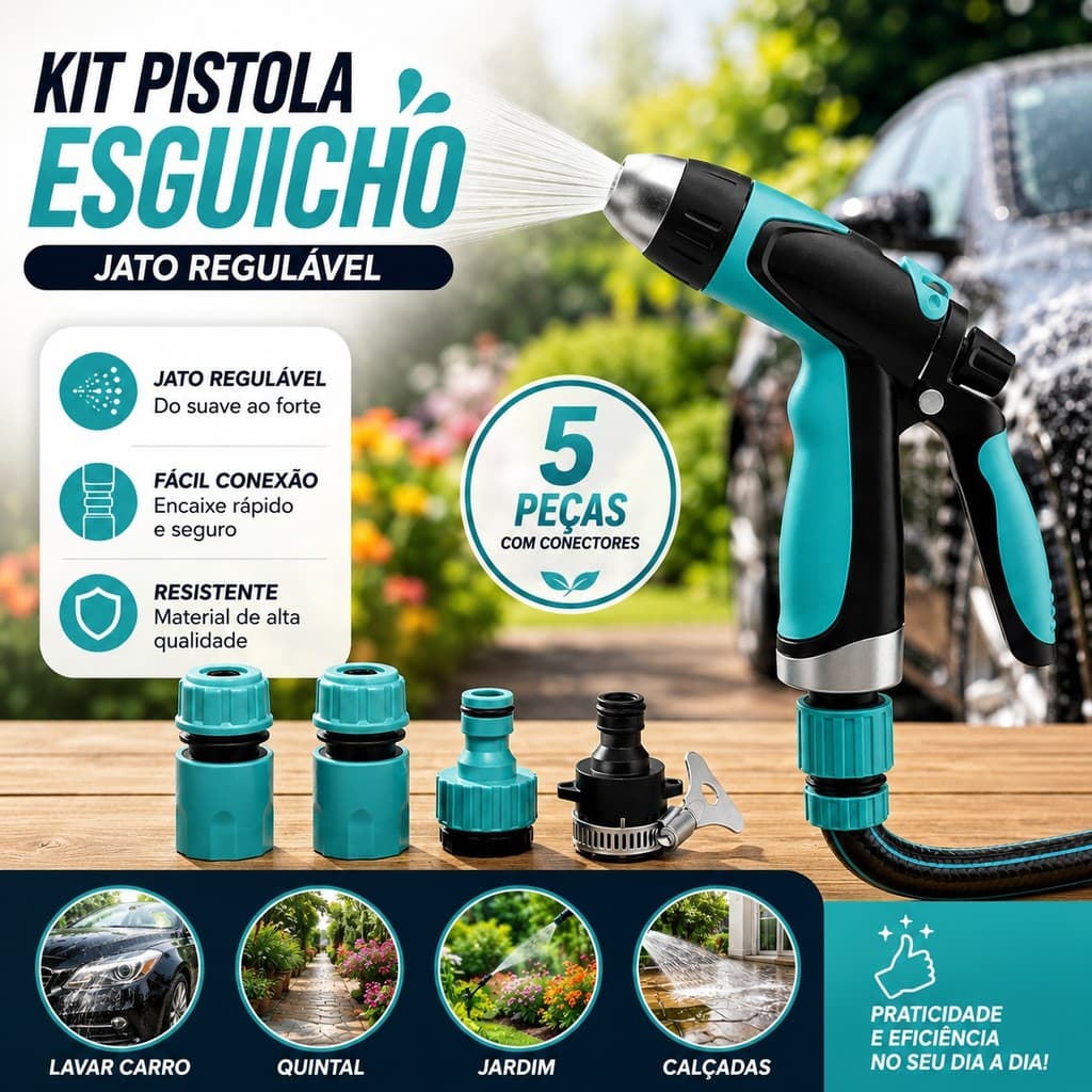 Esguicho para Mangueira Kit Pistola Jato Regulável 5 Peças com Conectores para Lavar Carro Quintal e Jardim