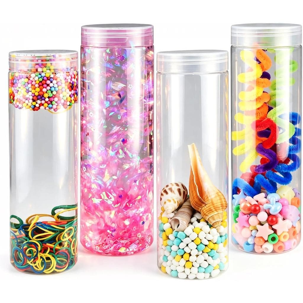 Kits de Garrafas Sensoriais para Crianças, 4 Conjuntos de Garrafas Sensoriais DIY de 14 oz com Enchimentos, Suprimentos