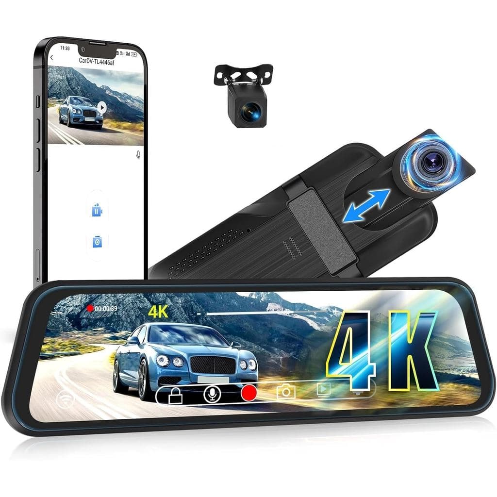 CAMECHO Câmera Veicular 4K com Espelho Retrovisor Frontal e Traseiro, Câmera Retrovisora com WiFi, Tela Touchscreen de 9