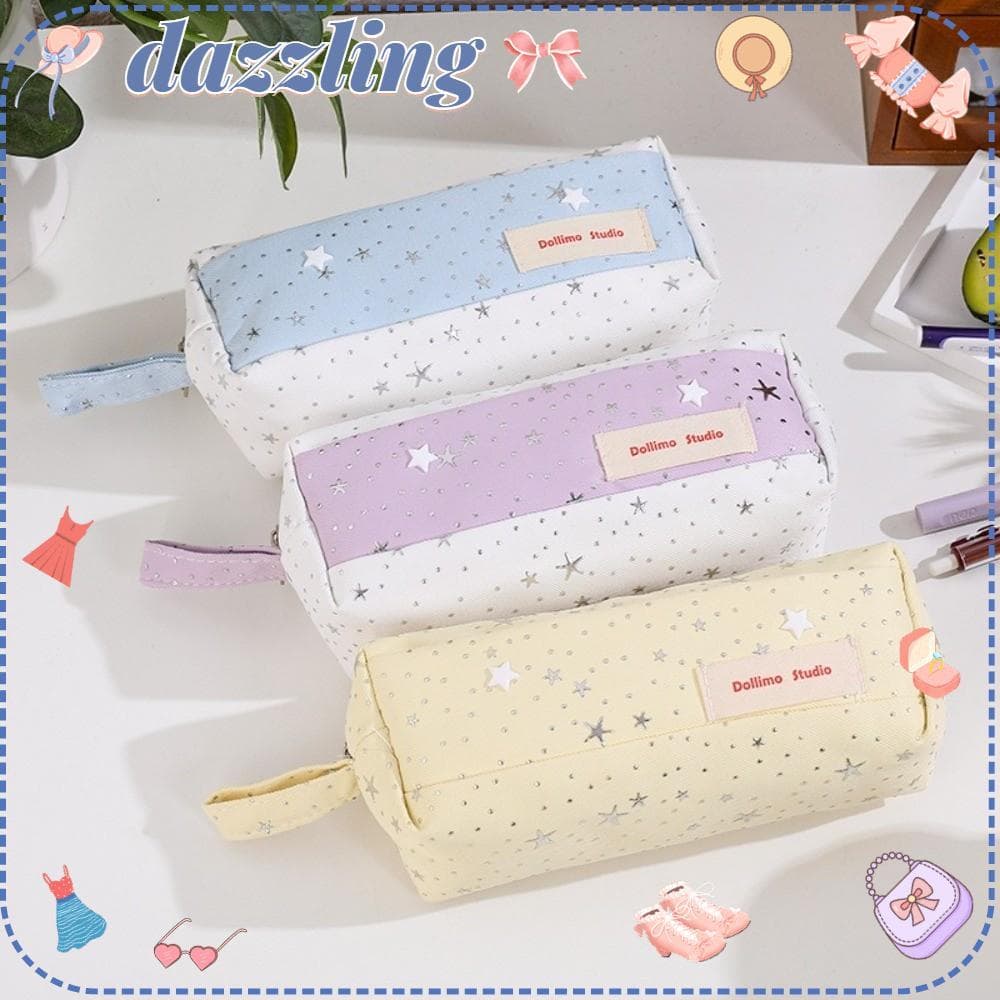 Bolsa De Caneta Deslumbrante , Lápis De Grande Capacidade Com Zíper , Armazenamento De Papelaria Estampa De Estrela De L