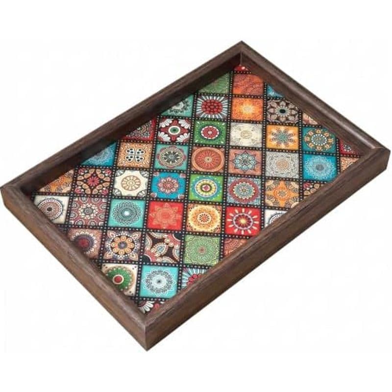 Bandeja Decorativa De Madeira Para Servir Com Estampa De Mandala Boho , 11.8 X 7.87 Polegadas , Mesa De Centro , Pentead
