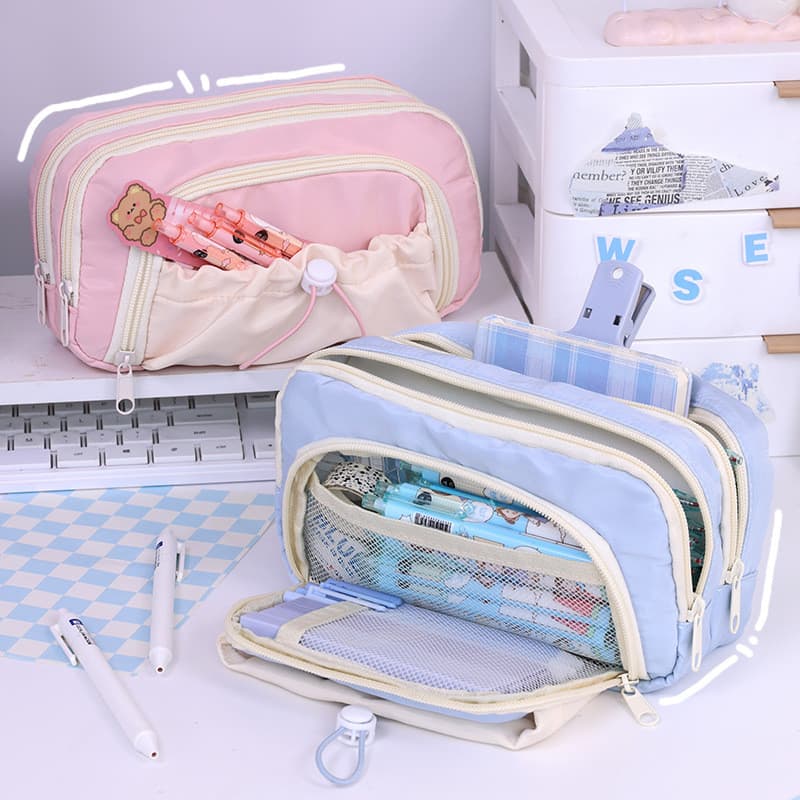 Novo estilo de estojo de lápis com cordão de grande capacidade multicamadas estilo ins caixa de papelaria para meninas d
