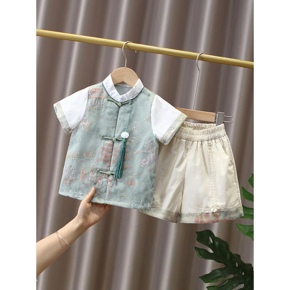 Meninos terno de verão 2026 novo estilo crianças Hanfu novo estilo chinês bebê Tang terno menino de manga curta traje We