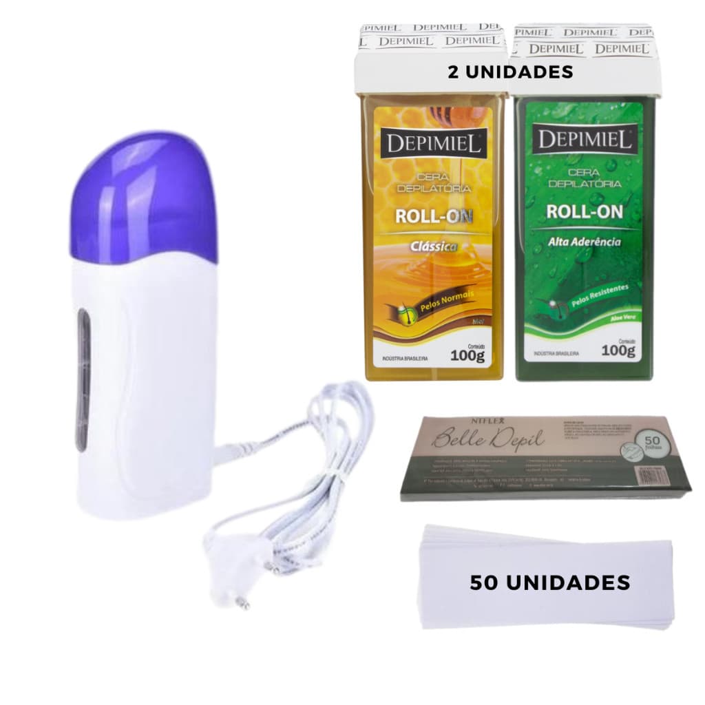 Kit Depilação Aquecedor de Cera Roll On + 2 Refil Cera Rolon + 50 Papéis Depilatórios