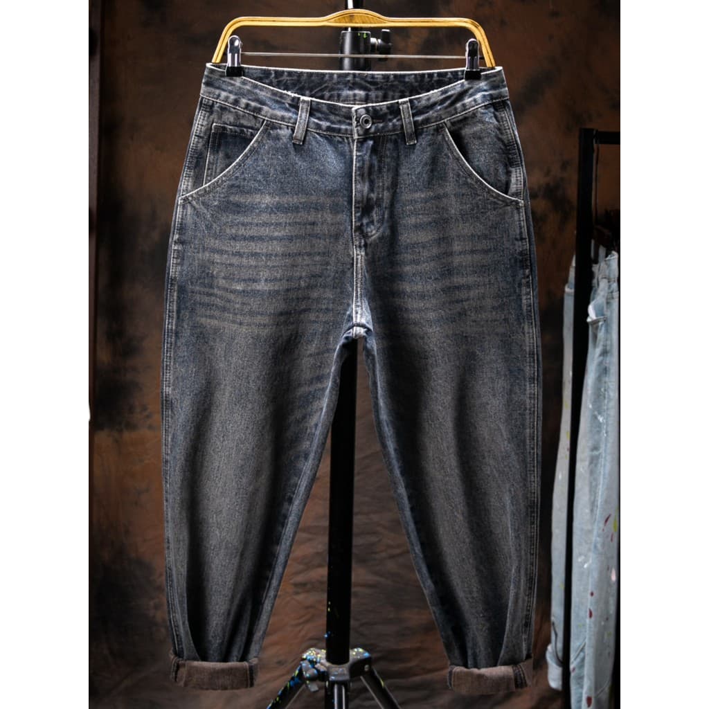 2023 novo estilo masculino solto Jeans cenoura cônico Retro lavado Harlan papai calças na moda mais gordura mais grande