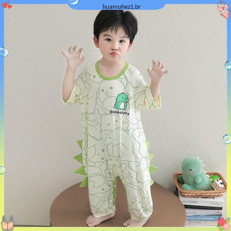 Verão crianças de seda gelo manga curta pijamas de uma peça bonito dinossauro impressão bebê à prova de chute respirável