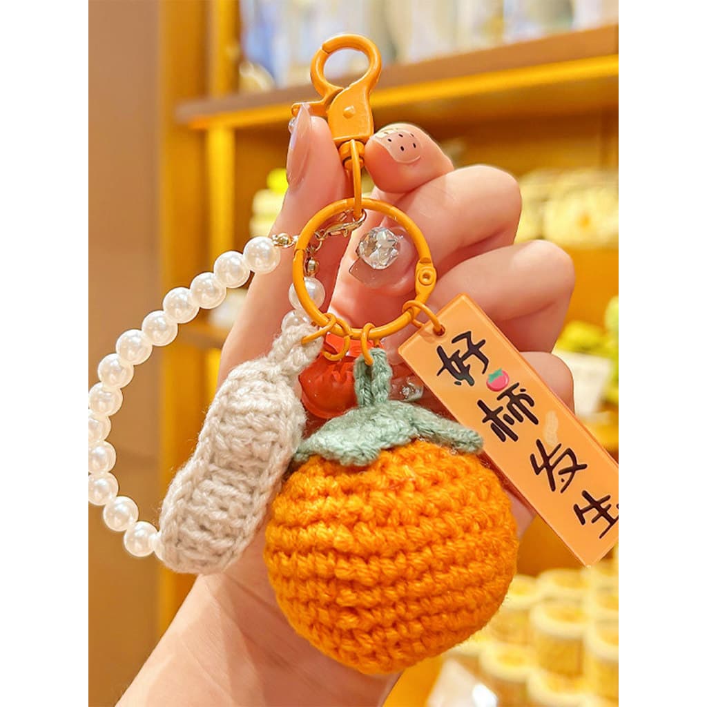 Bom caqui lã crochê carro chaveiro requintado feminino pensando laranja chaveiro casal mochila pequeno pingente