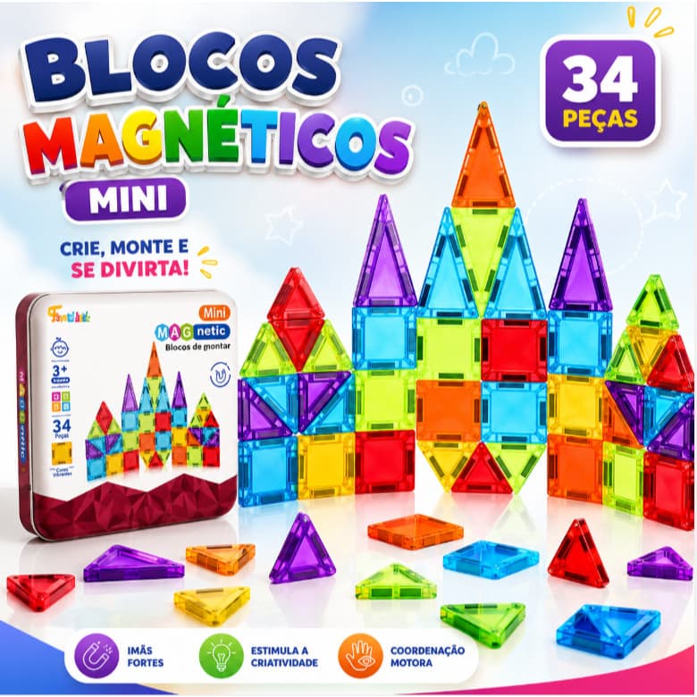 Kit Blocos Magnéticos 34 Peças Infantil Educativo 3D Montagem Criativa Mini Brinquedo de Construção