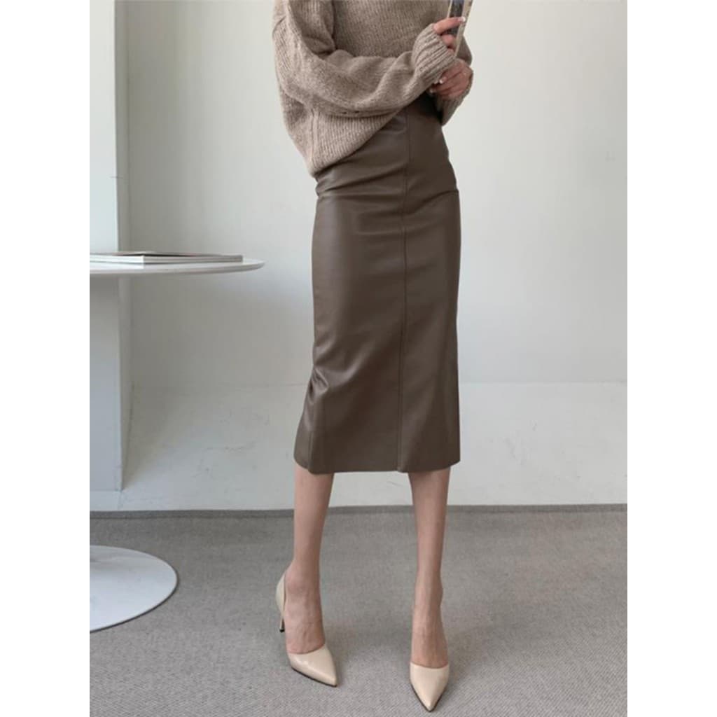 Saia de couro do plutônio Design sentir feminino novo estilo 2026 outono inverno saia dividida cintura alta em linha ret