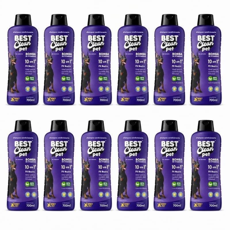 Kit 12x Shampoo Condicionante Pet Bomba de Vitaminas 10 em 1 700ml pH neutro Best Clean Pet - uso veterinário