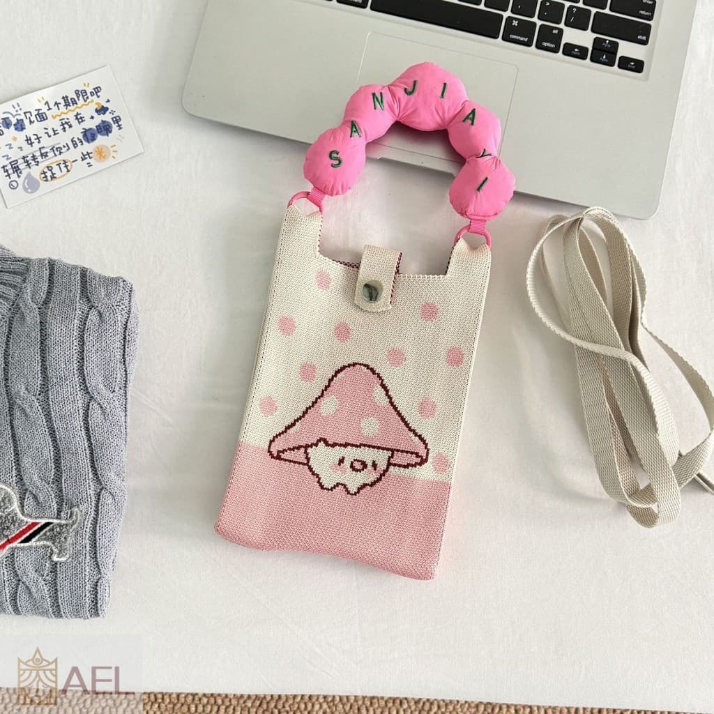 Mini Bolsa Crossbody Para Telefone-Design Versátil De Cogumelo Rosa Uso Diário Em Viagens
