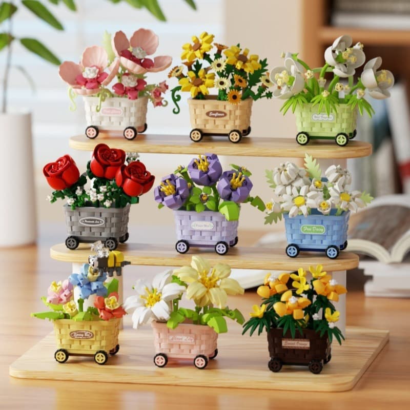 Novo produto⭐Conjunto de flores bloco de construção cesta de flores carrinho diy artesanal ornamentos criativos bloco de