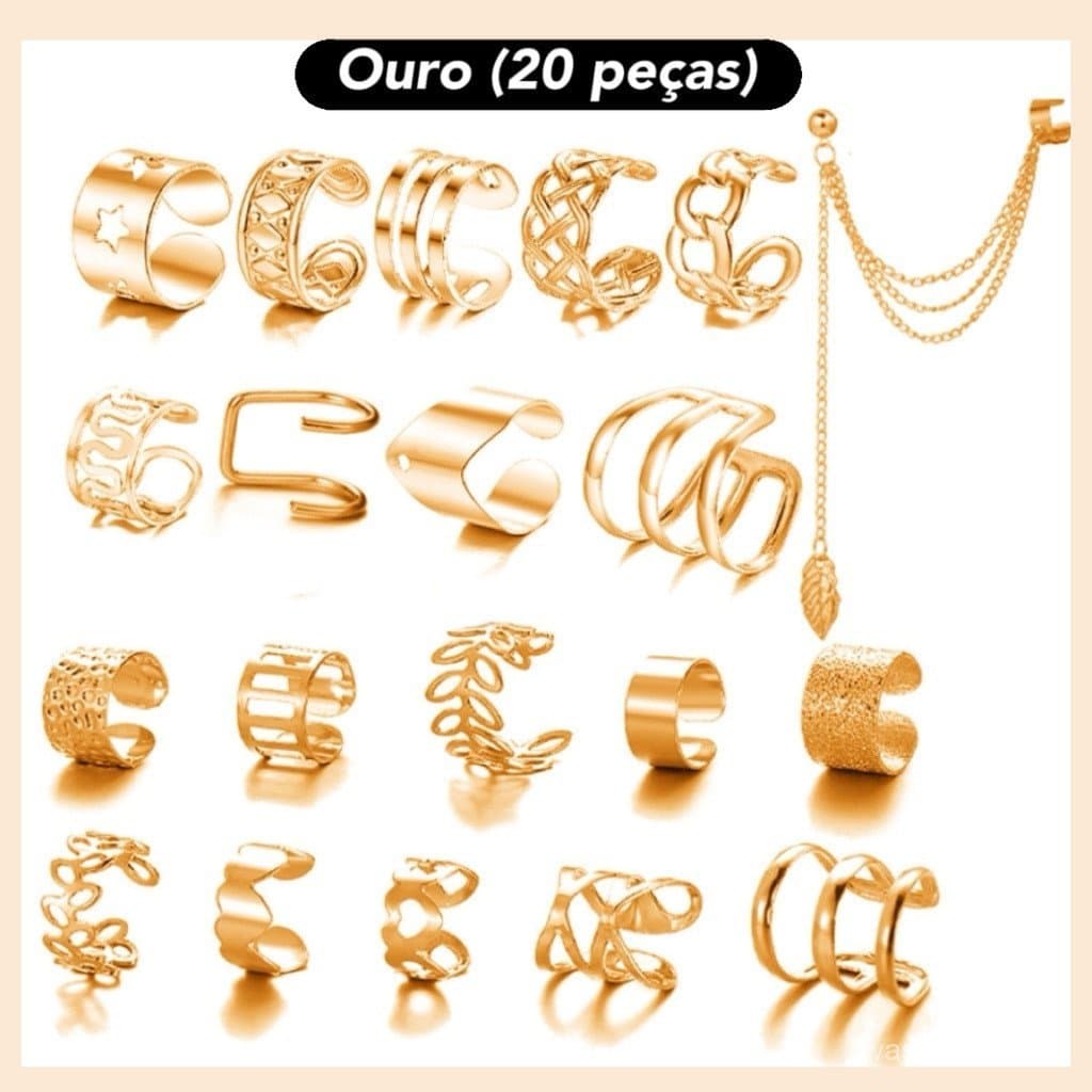 Conjunto de 20 Ear Cuffs Douradas Sem Perfuração - Acessórios Moda Feminina Kit