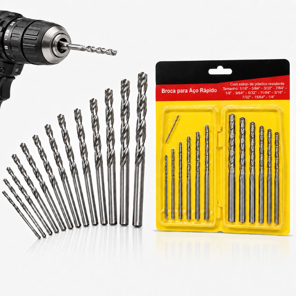 Jogo Kit Brocas Aço Rápido HSS 13 Peças Metal Ferro Madeira Alumínio Furadeira Estojo 1/16 a 1/4 Polegada Helicoidal