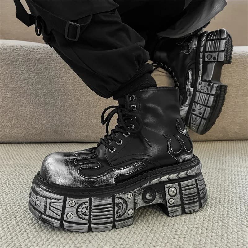 Botas de Motociclista Masculinas Estilo Punk com Rebites, Botas Chelsea de Couro com Plataforma, Calçados Retrô Versátei