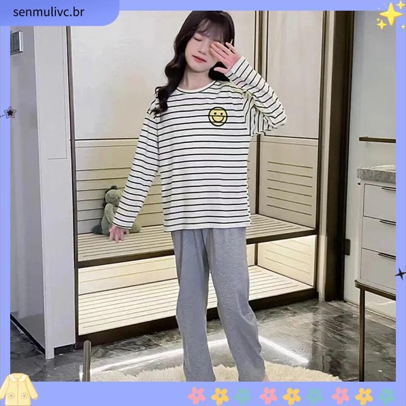 Pijamas infantis femininos primavera outono novo estilo versão coreana de manga comprida para meninas roupa de casa solt