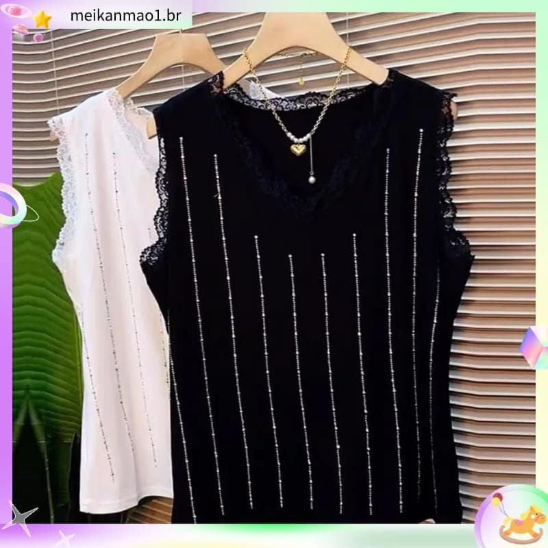 Loja Venda quente mais gordura plus size roupas femininas moda sem mangas gordura MM110kg All-Match com decote em V rend